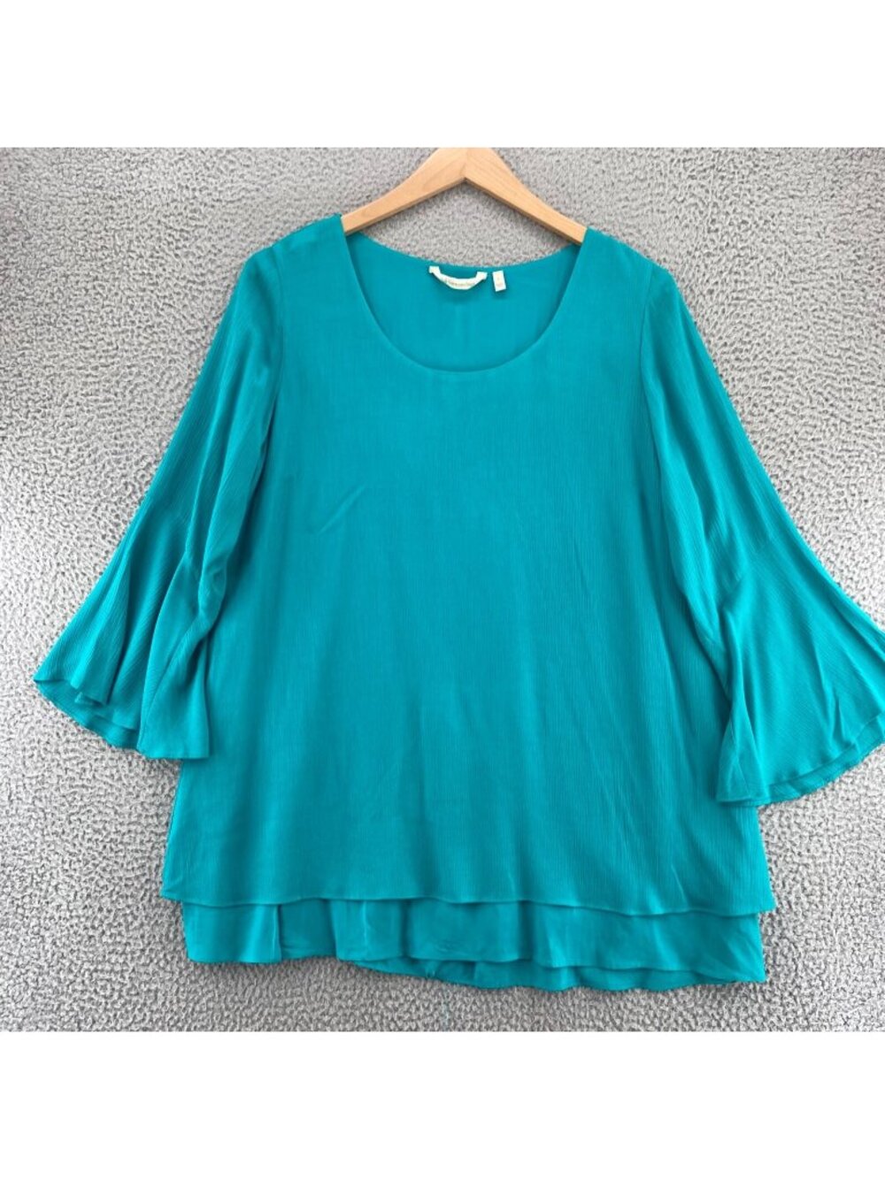 Soft Surroundings Top Womens Large GABBY Green Gauzy 3/4 Bell Sleeve Scoop Neck